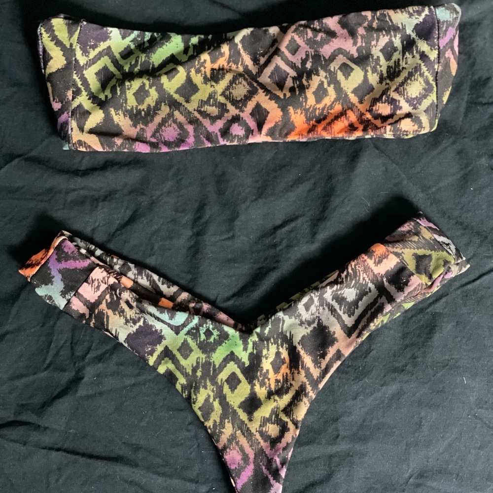 Stone Fox Swim Multicolor Ikat Bandeau Bikini - Black Base with Neon Accents